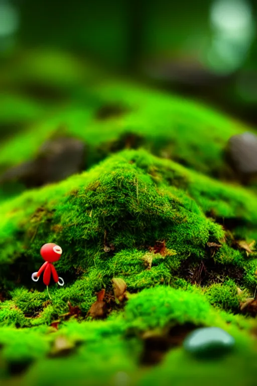 Image similar to pikmin on a mossy forest floor, tilt shift photography