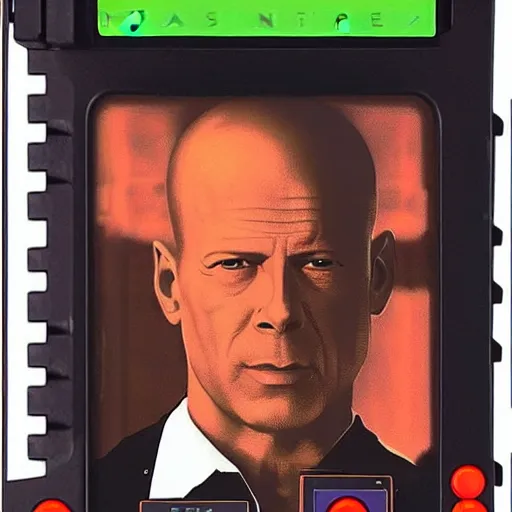 Prompt: the box for a Gameboy videogame that just loads a picture of Bruce Willis, no other gameplay features