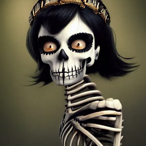 Image similar to cute, shy & beautiful smiling undead skeleton girl with very attractive face and black hair dressed as a cleopatra winking to the viewer, elegant, digital art, fullbody painting, fantasy, pixar style, painting, pin up, highly detailed, artstation, art by artgerm, vrubel, greg rutkowski, ilya kuvshinov, raymond swanland