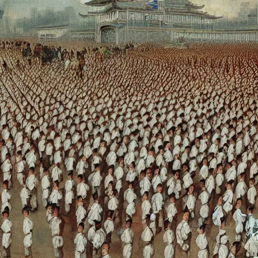 Prompt: clone army of chinese culture revolution bathing in sea of lemonade by diego velasquez