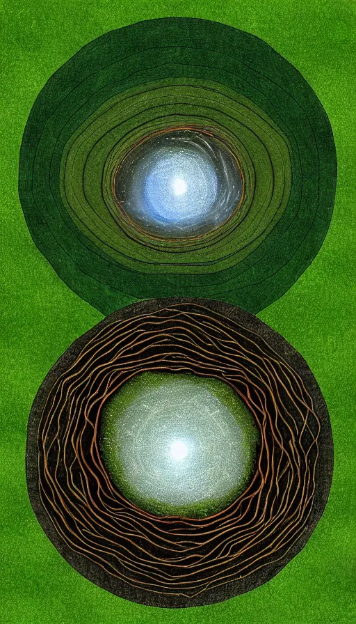 Image similar to small planet made from large trees with interconected roots, by kaitrees