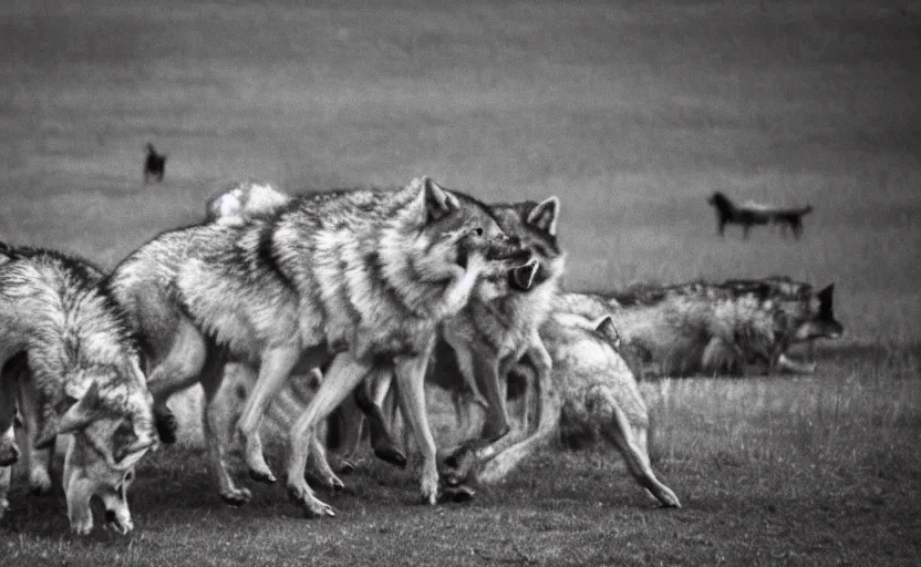 Prompt: pack of wolves playing by William Blake, secret, mystic, analogue photo quality, blur, unfocus, monochrome, 35mm