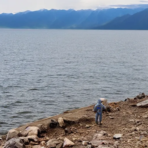 Image similar to an astronaut standing in the water of Lake Baikal and looking at the mountains