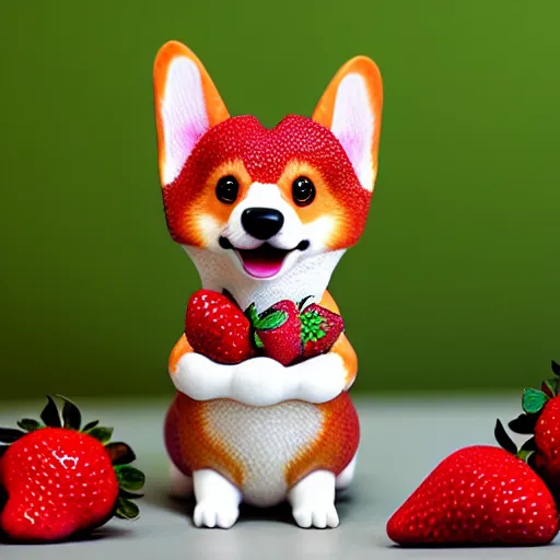 Prompt: corgi made of strawberry, corgi crossed with a strawberry : ornate, dynamic, particulate, intricate, elegant, highly detailed, centered, artstation, smooth, sharp focus, octane render