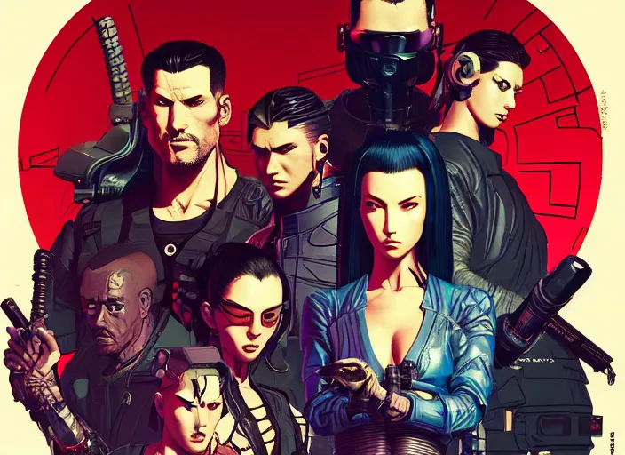 Image similar to cyberpunk samurai squad. portrait by stonehouse and mœbius and will eisner and gil elvgren and pixar. character design. realistic proportions. cyberpunk 2 0 7 7 character art, blade runner 2 0 4 9 concept art. cel shading. attractive face. thick lines. the team. diverse characters. artstationhq.