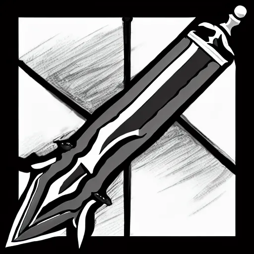 Prompt: black and white pen and ink final fantasy ultima blade sword design icon