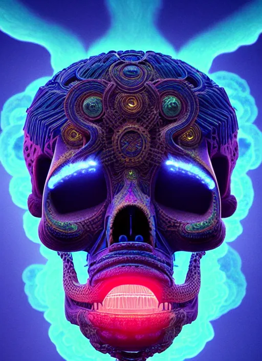 Image similar to 3 d totem portrait, sigma 5 0 0 mm f / 5. global illumination beautiful intricate highly detailed quetzalcoatl skull and feathers. bioluminescent, plasma, lava, ice, water, wind, creature, thunderstorm! artwork by tooth wu and wlop and beeple and greg rutkowski, 8 k trending on artstation,