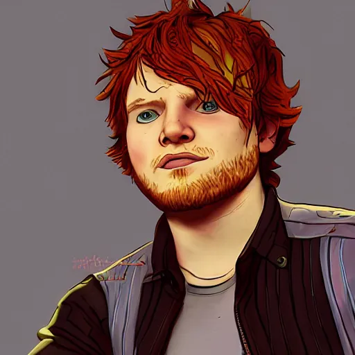 Image similar to ed sheeran portrait, borderlands, tales from the borderlands, the wolf among us, comic, cinematic lighting, studio quality, 8 k