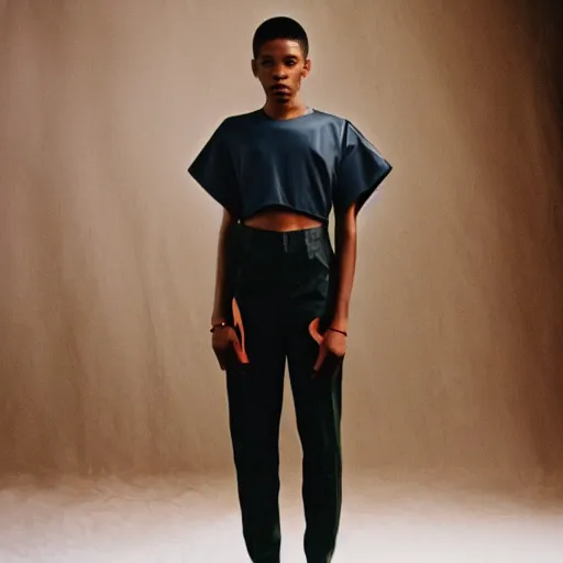 Image similar to realistic photoshooting for a new ssense lookbook color film photography of a beautiful woman model, photo in style of tyler mitchell, ssense