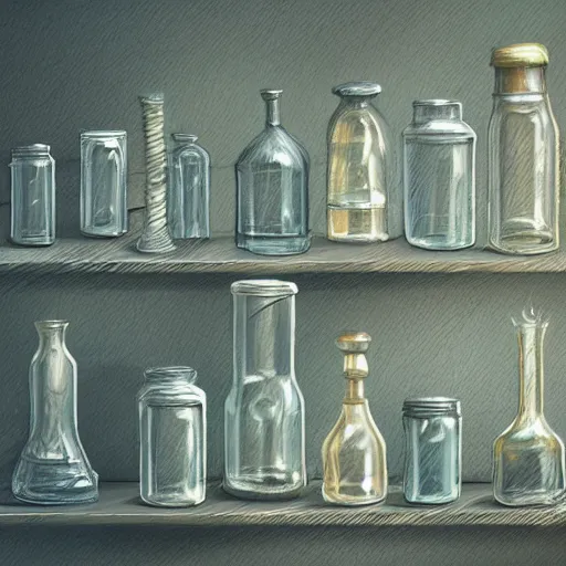 Prompt: close up of a collection of very old large glass jars on a shelf filled with weird life forms, digital painting, artstation, concept art, smooth, sharp focus, illustration, art