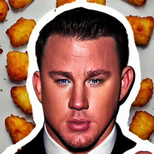 Prompt: channing tatum's face as tater tot on a plate with ketchup, face made from tater tot