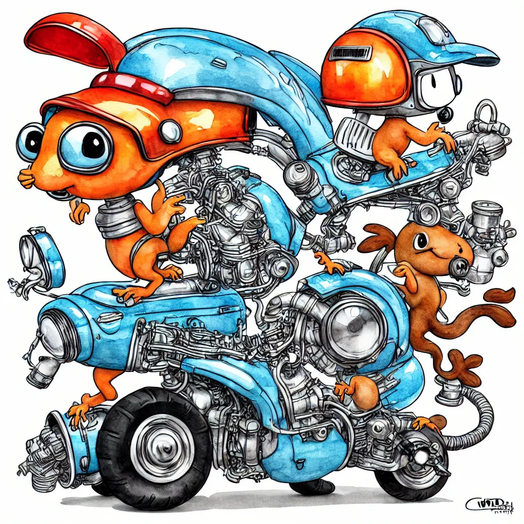 Image similar to cute and funny, squirrel wearing a helmet riding in a hot rod with oversized engine, ratfink style by ed roth, centered award winning watercolor pen illustration, isometric illustration by chihiro iwasaki, edited by range murata, tiny details by artgerm and watercolor girl, symmetrically isometrically centered, sharply focused