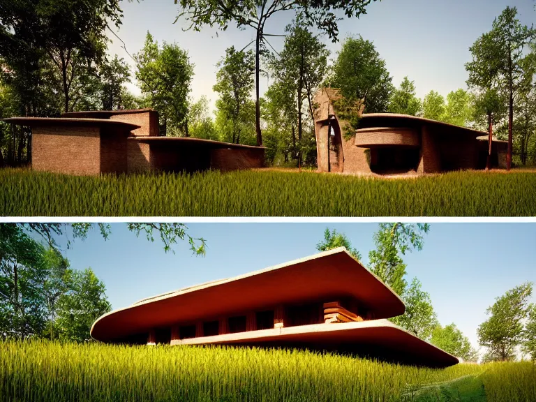 Prompt: hyperrealism design by frank lloyd wright and kenzo tange photography of beautiful detailed small house with many details around the forest in small ukrainian village depicted by taras shevchenko and wes anderson and caravaggio, wheat field behind the house, volumetric natural light