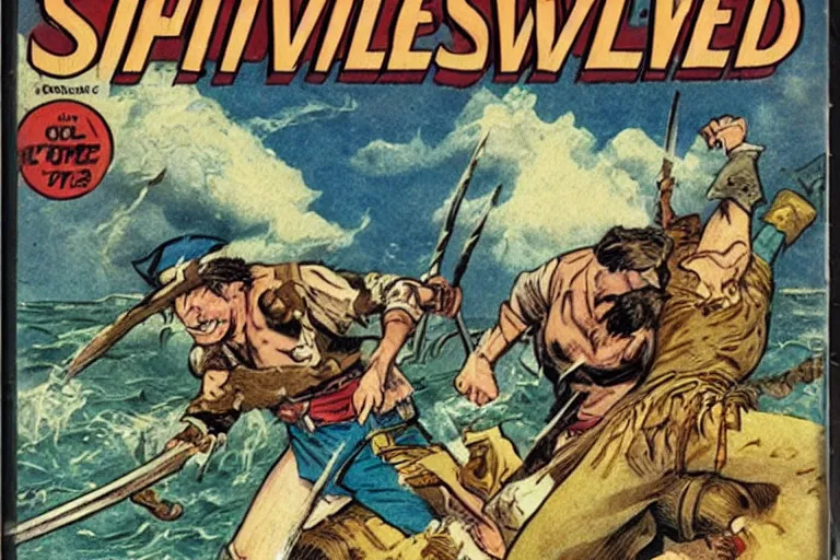 Image similar to comic book cover of a shipwrecked sailor fighting a pirate with swords in a tavern. detailed. action. adventure.