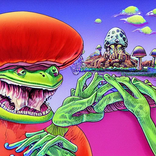 Image similar to A centered chest up portrait of a psychedelic demonic anthropomorphic frog smoking a hand-rolled cigarette smoking heavily , magic mushroom village in background . award winning. superb resolution. in the art style of junji Ito and greg rutkowski . Detailed Mushroom city in background. Hyper realistic anime. Perfect art. Dalle2