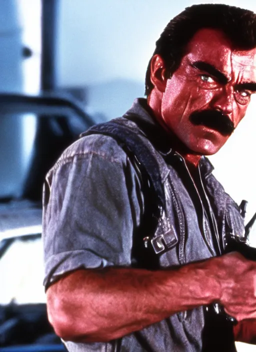 Image similar to film still of tom selleck as the terminator in terminator, 4 k