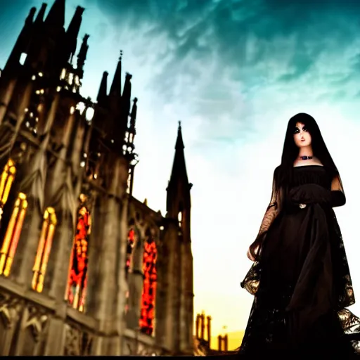 Image similar to gothic girl dressed in black, behind her a gothic cathedral, dramatic lights, dark ambients, the windows of the cathedral are reflecting red flame lights, golden hour, detailed face, intricate ornaments