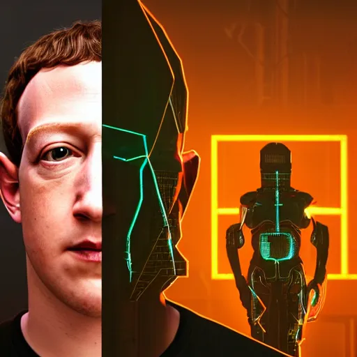 Image similar to looking at camera, ominous portrait of cyborg Mark Zuckerberg as a cyberpunk 2077 loading screen, symmetry, front view, intricate, studio, art by anthony macbain + greg rutkowski + alphonse mucha, concept art, 4k, sharp focus