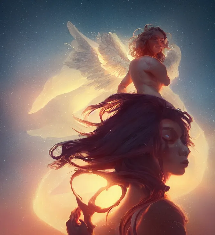 Image similar to centered waist up portrait photography an angel + glowing outlines, dissolve to energy particles of light + bokeh + strong DOF + 8k, photorealistic + composition by Peter Mohrbacher + line work by Dan Mumford , ultra realistic + backlit + strong rimlight, sunset + HDRI, HD, Photoreal