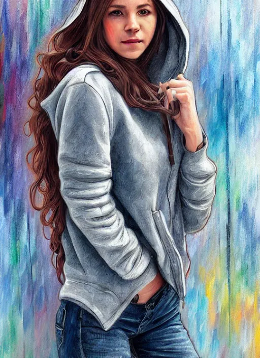 Prompt: jennifer anistan, gray hoodie, jeans, half body shot, path traced, highly detailed, high quality, digital painting, alena aenami, leonid afremov, lilia alvarado, shinji aramaki, karol bak, alphonse mucha, tom bagshaw