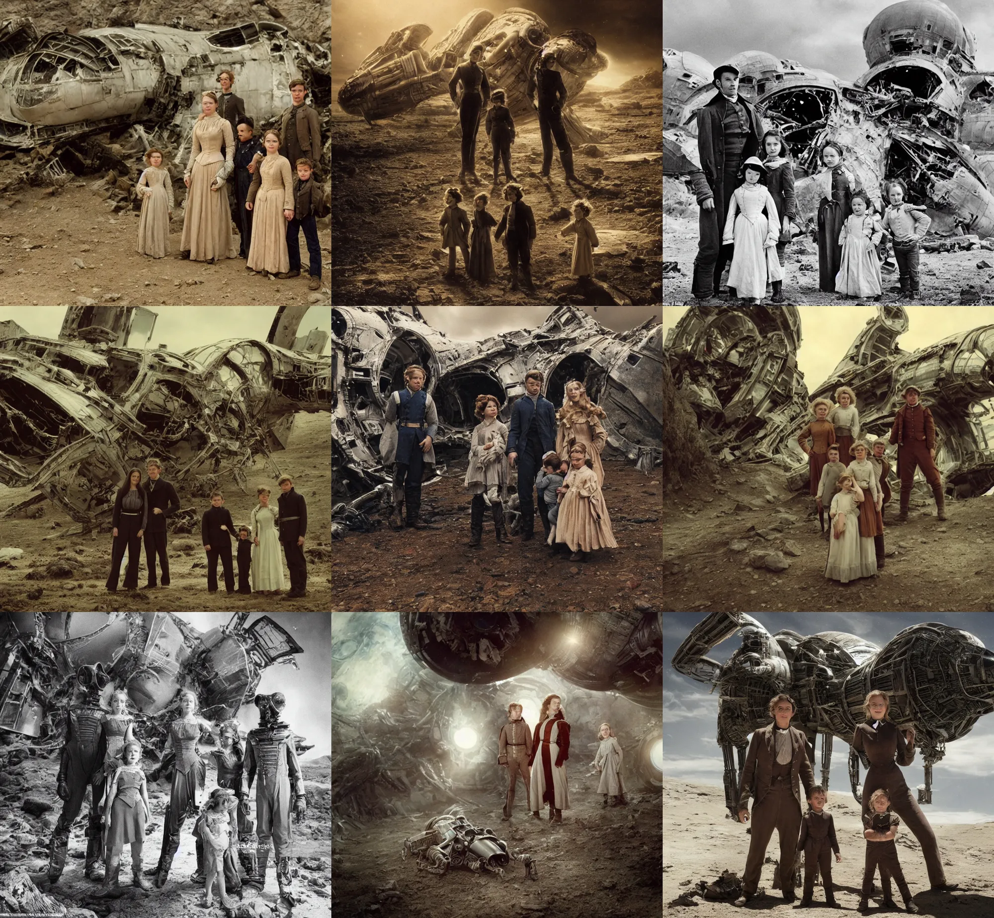 Prompt: extremely sharply detailed, from blockbuster 9 6 k sci fi color movie freeze frame, set 1 8 6 0, family standing in front of crashed spaceship, on alien planet, looking happy, wearing 1 8 5 0 s era clothes, atmospheric lighting, in focus, reflective eyes, - 9 9 9 mm macro lens, live action, nice composition, good photography, clear facial details
