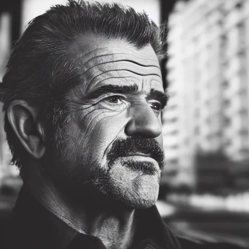 Image similar to a still of mel gibson, studio lighting, shallow depth of field, lights of city in the background, profession photography, 4 k