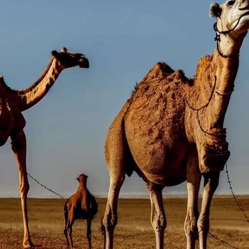 Image similar to A camel and a giraffe walking along a barbed wire