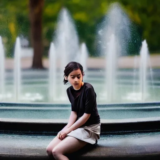 Prompt: a portrait of a young maid sitting on a edge of a fountain in park, 8k, cinematic, photo taken with Sony a7R camera