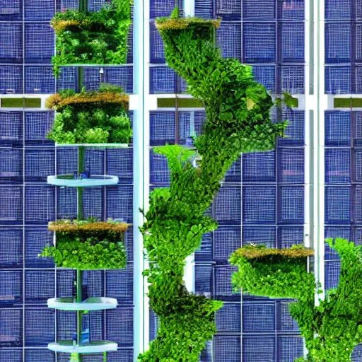 Image similar to future solarpunk city, vertical farming on walls, solar on roof, vegetation everywhere