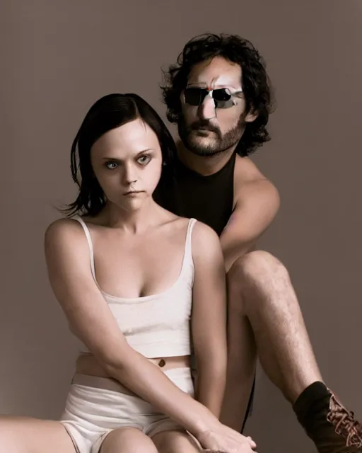 Prompt: 35mm macro photograph Vincent Gallo and Christina Ricci, flirting expression, wearing a camisole, vibrant high contrast, octane, arney freytag, Fashion photo shoot,, glamorous, shot in the photo studio, backlit, rim lighting, 8k