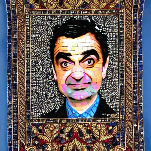 Prompt: a highly detailed ornate and intricate Persian mosaic of Mr. Bean!, gold and cobalt tiles