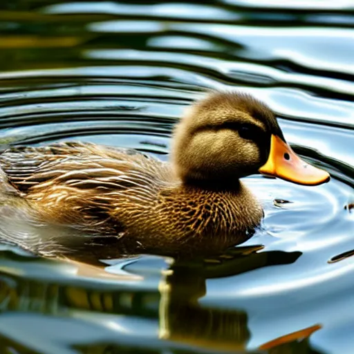 Image similar to realistic photo of an adorable duckling swimming in a pond, highly detailed,