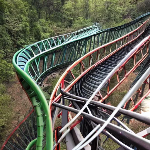 Image similar to go pro still of a rollercoaster with a mangled track up ahead