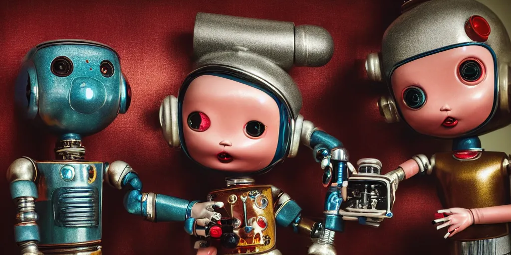 Image similar to closeup portrait of tin toy retro living room of robot family, depth of field, zeiss lens, detailed, centered, fashion photoshoot, by nicoletta ceccoli, mark ryden, lostfish, breathtaking, 8 k resolution, extremely detailed, beautiful, establishing shot, artistic, hyperrealistic, octane render, - h 8 0 4