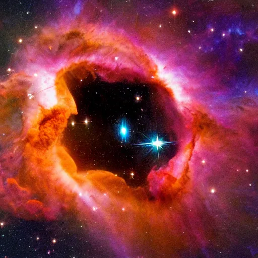 Prompt: a back hole slowly absorbing a nebula, outer space, hubble telescope, james webb telescope, pulsar