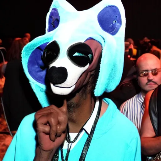 Image similar to snoop dogg as a fursuit at a furry convention, flash photography