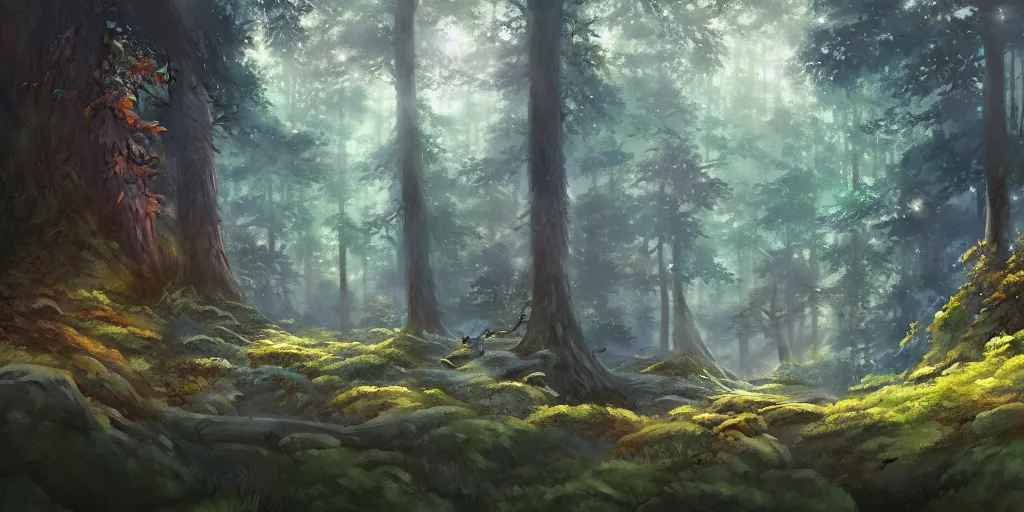 Image similar to a forest, highly detailed oil painting, Studio Ghibli, Jessica Rossier, digital art, octane render, gorgeous lighting, beautiful composition, trending on artstation, masterpiece