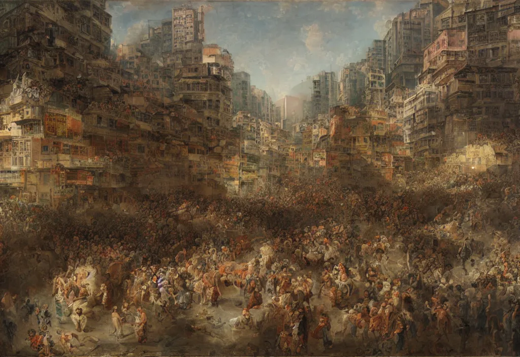 Prompt: 2 0 2 1 hong kong riot by jean honore fragonard. city buildings in the background.