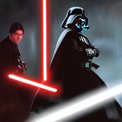 Image similar to darth vader lightsaber duel against anakin skywalker, dramatic lighting, epic scene