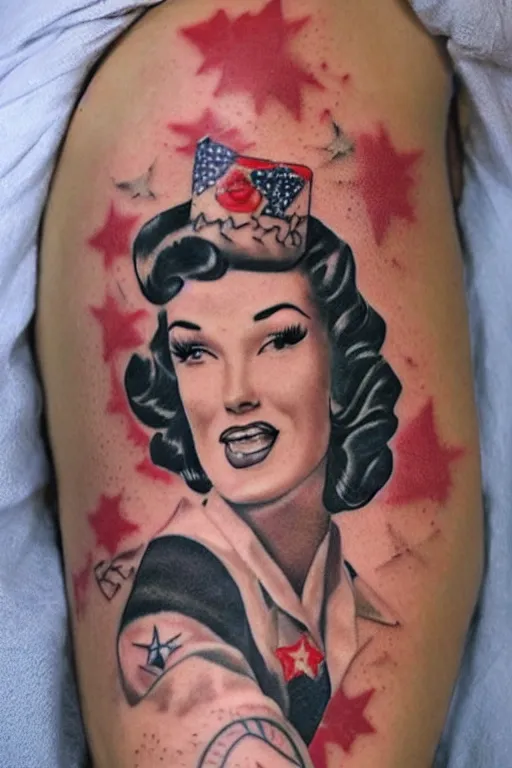 Image similar to traditional American tattoo of a pinup girl, pinup model, WWII style, tattoo by David Corden