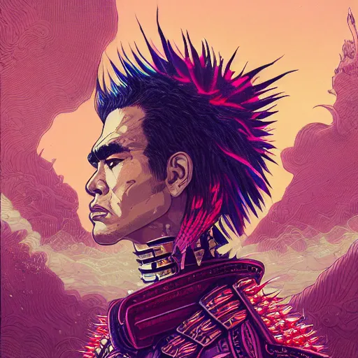 Image similar to portrait painting of a maori street samurai with spiky red hair, cyberpunk, glitchwave, sharp focus, award - winning, trending on artstation, masterpiece, highly detailed, intricate. art by josan gonzales and moebius