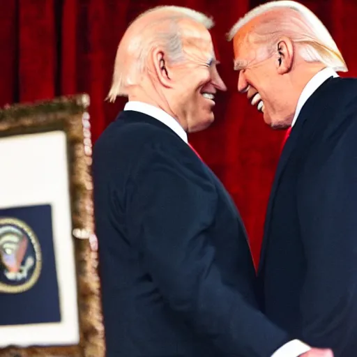 Prompt: donald trump and joe biden laughing together, taken by a bad webcam.