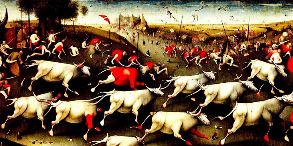 Image similar to the running of the bulls in pamplona, hundreds of people are fleeing from rampaging bulls in the city streets, art by hieronymus bosch, intricate, elegant, highly detailed, smooth, sharp focus, artstation