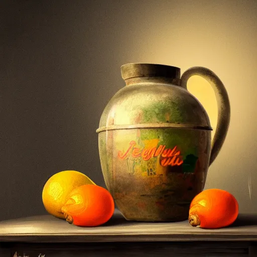 Image similar to still art, antique jug with palms inside, old candle, much vegetables, lemon, orange, pepper, cinematic light, detailed, digital art, concept art, trending on artstation, highly detailed, intricate, sharp focus, digital art, 8 k