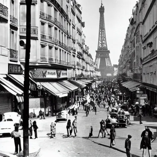 Prompt: a busy street on paris in 1 9 5 1
