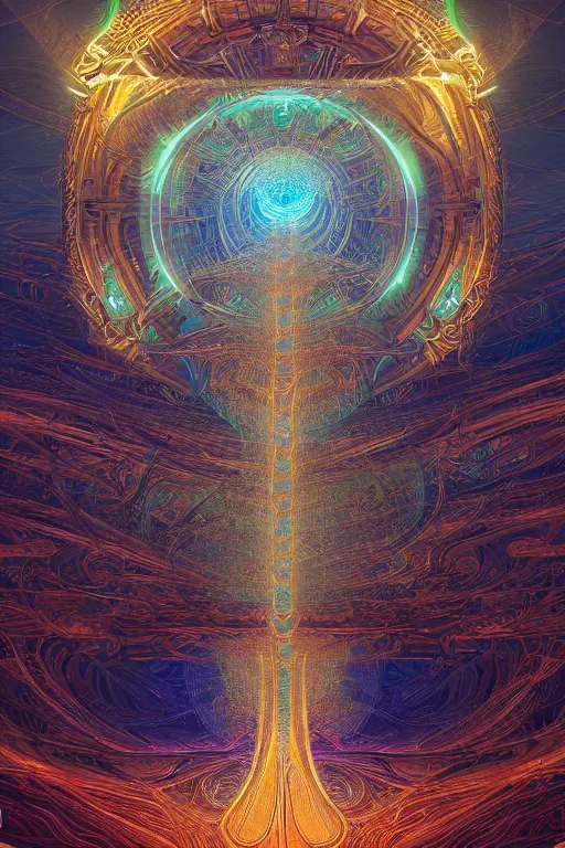 Image similar to a centered photo real render of tribal glowing fractals and ornate flowing light streams sacred geometry, by beeple, by donato giancola, unreal engine