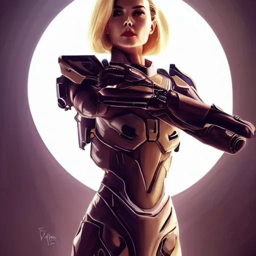 Image similar to A combination of Grace Kelly's and Ada Wong's and Ashley Greene's appearances with blonde hair wearing Forerunner armor from Halo, high tech, action shot, angular, full body portrait, futuristic, dramatic, fantasy, intricate, elegant, highly detailed, artstation, matte, sharp focus, 8K, art by Artgerm and Greg Rutkowski and Alphonse Mucha