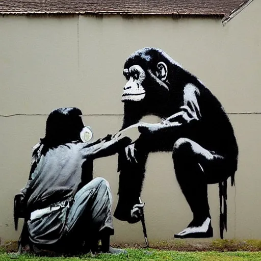 Image similar to ape painting a picture made by banksy