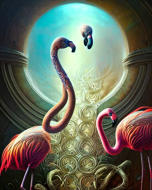 Image similar to a detailed portrait of dreampunk flamingo python hybrid mix by tomasz alen kopera and peter mohrbacher
