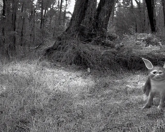 Image similar to trailcam image of yoda, pointing at the camera, black and white, wide angle lens, nightshot, cdx